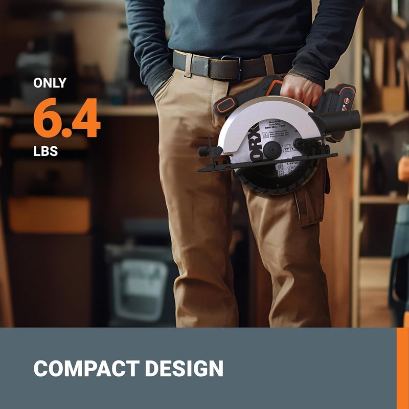 WORX 20V Cordless Electric Circular Saw 6-1/2'' Max. 2-3/16" Cutting Depth 4700 Rpm 0-50° Bevel Capacity 2.0 Ah Battery and Charger Included WX526L - Image 4